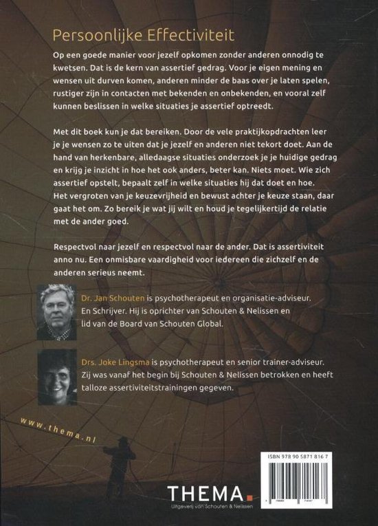 Achterkant boek 'Persoonlijke Effectiviteit', met tekst over assertief gedrag en informatie over de auteurs Jan Schouten en Joke Lingsma.