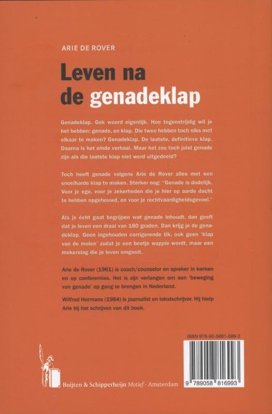 Achterkant boek 'Leven na de genadeklap' van Arie de Rover, met tekst en ISBN.