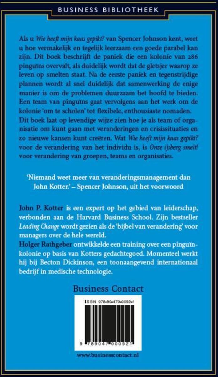 Achterkant van het boek 'Onze ijsberg smelt!' met tekst en een streepjescode.