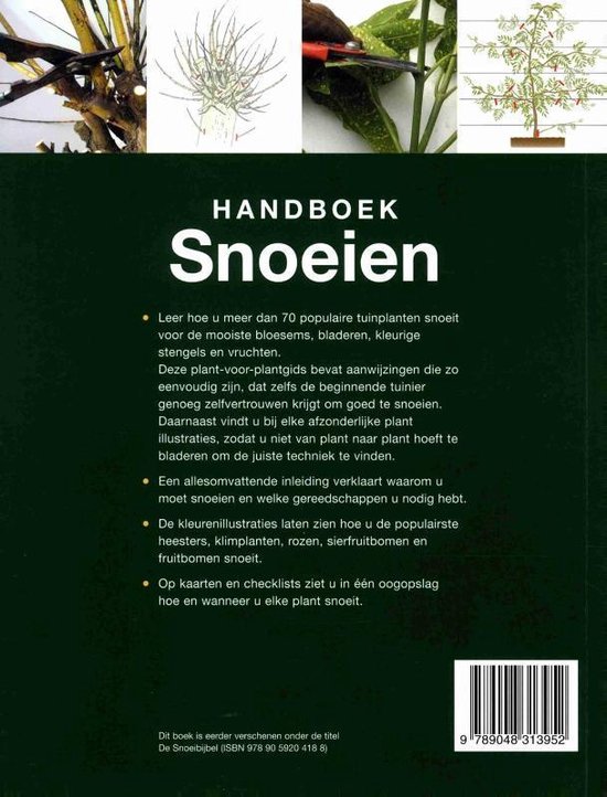 Achterkant van het boek Handboek Snoeien met tekst en illustraties van planten.