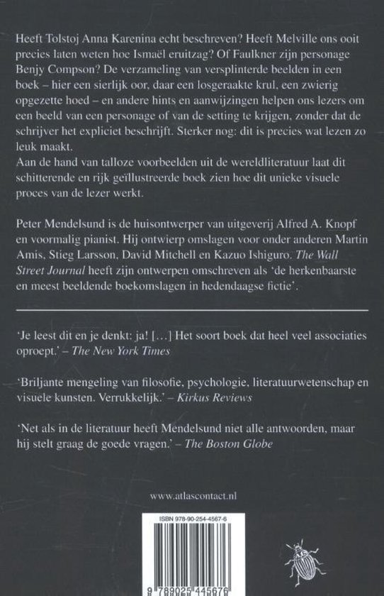 Achterkant van het boek 'Wat we zien als we lezen' met tekst en een afbeelding van een kever.