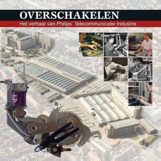 Boekomslag met luchtfoto van fabriek, montage en detail van machine.