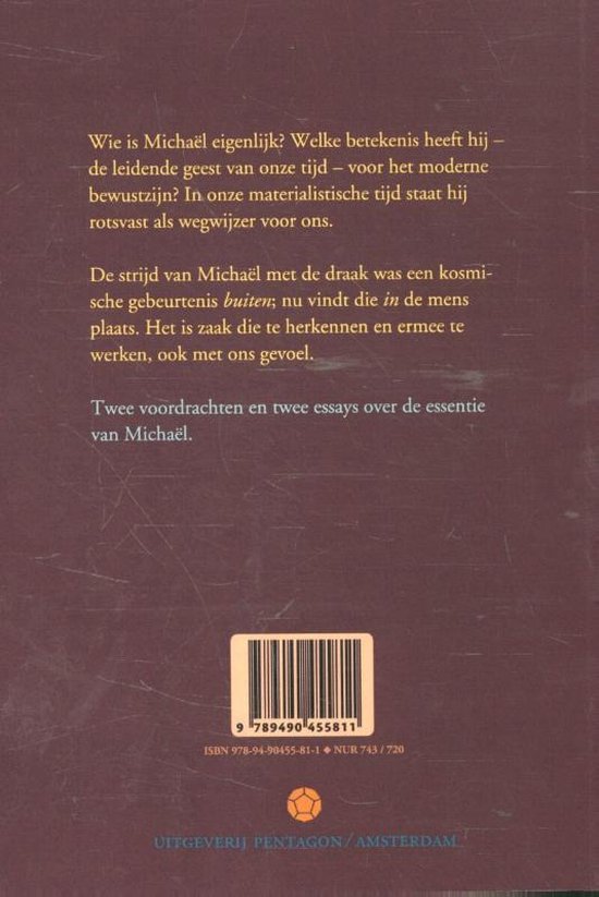 Boek met tekst over Michaël, de leidende geest van onze tijd. Achterkant met barcode en uitgever.