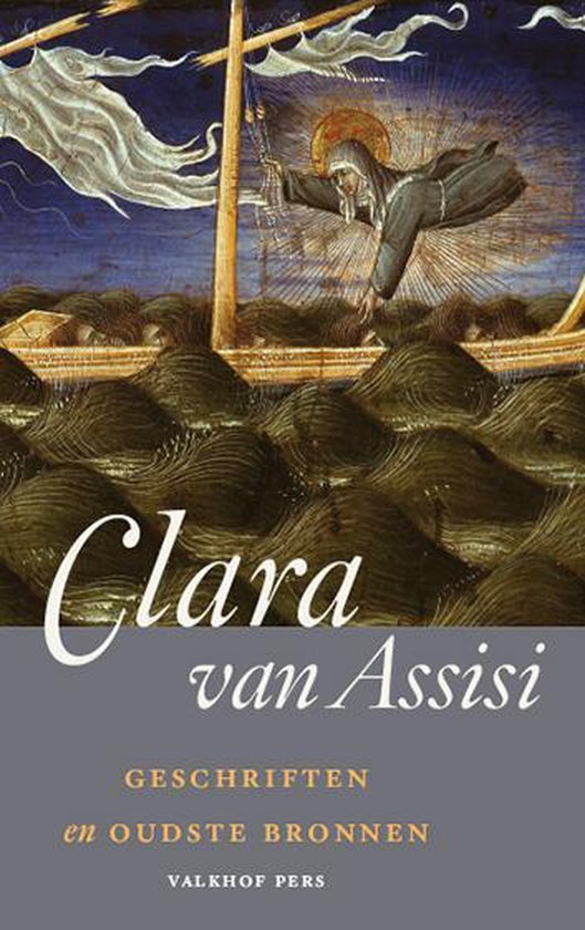 Boekomslag met een schilderij van Clara van Assisi die uit een boot stapt op golvend water.