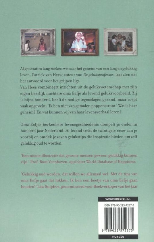 Boekcover met drie ingelijste foto's van oma's. Tekst: 'De geluksoma. Het geheim van gelukkig oud worden.'