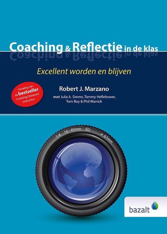 Boek 'Coaching & Reflectie in de klas' met lens en tekst 'Excellent worden en blijven'.