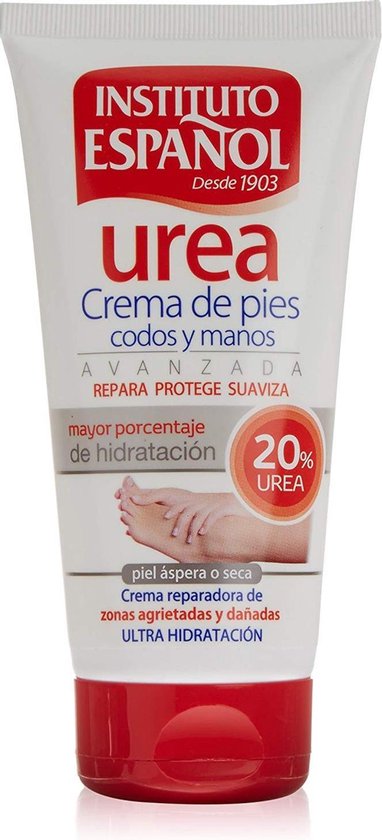 Witte tube met rode dop, met 'INSTITUTO ESPAÑOL urea crema de pies codos y manos' en '20% UREA'.
