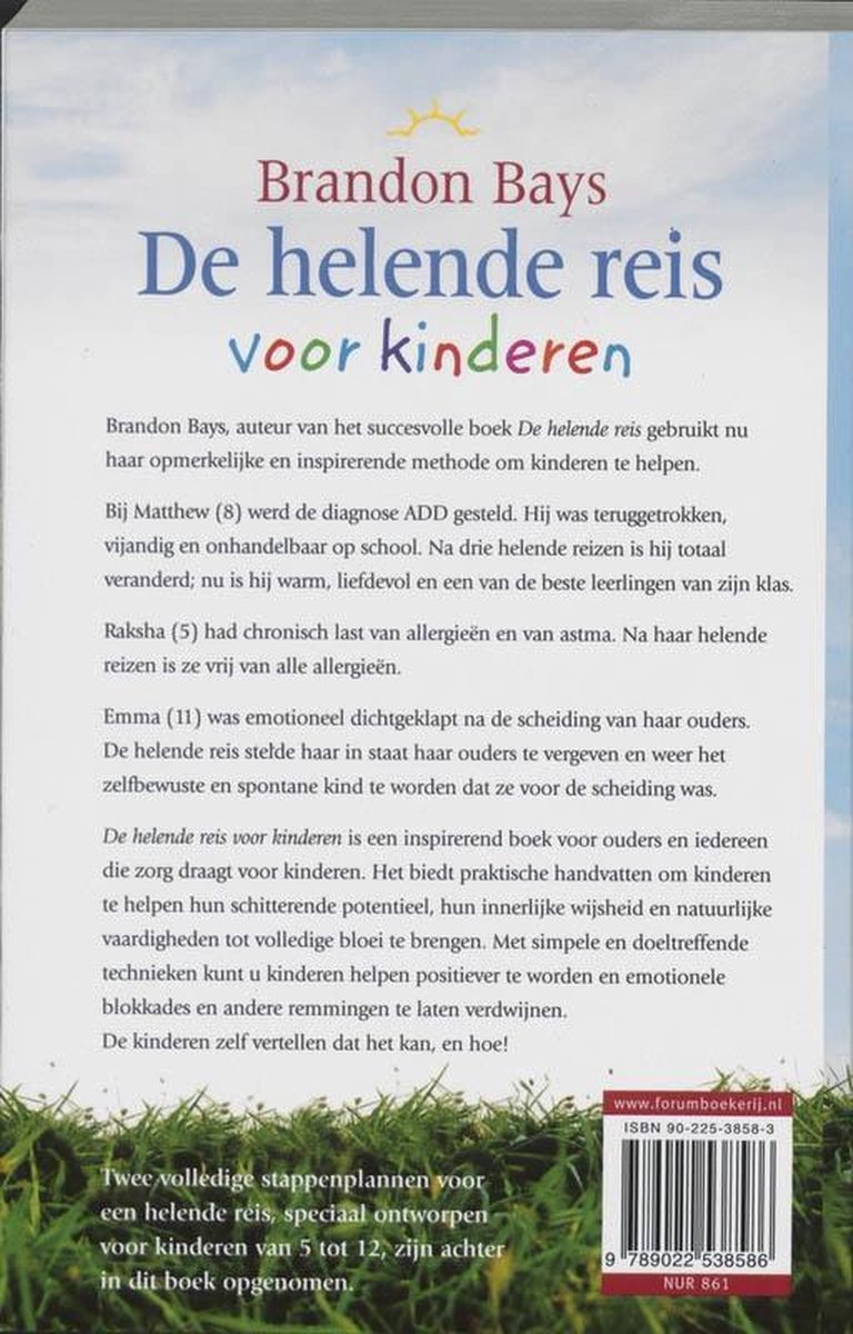 Boek "De helende reis voor kinderen" van Brandon Bays. Achterkant met tekst en ISBN.