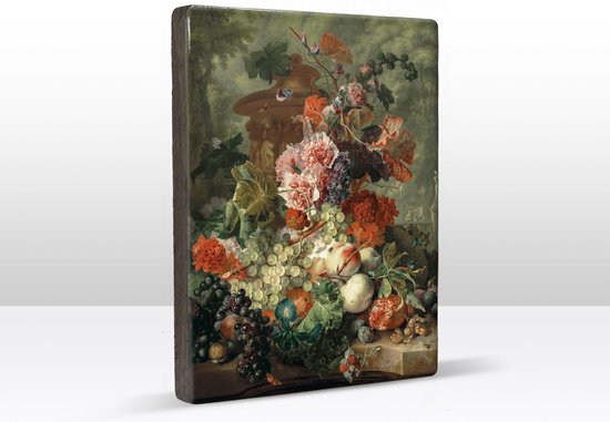 Stilleven met bloemen en vruchten2 - Jan van Huysum - 19,5 x 26 cm - Niet van echt te onderscheiden schilderijtje op hout - Mooier dan een print op canvas - Laqueprint.