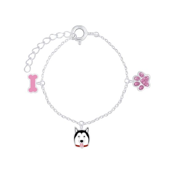 Joy|S - Zilveren bedel armband - hond - botje - dierenpoot met roze kristal 14 cm + 2 cm