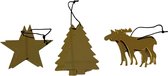 Kerst ornament - Kerstboom / Rendier / Ster - Goud - Set van 3