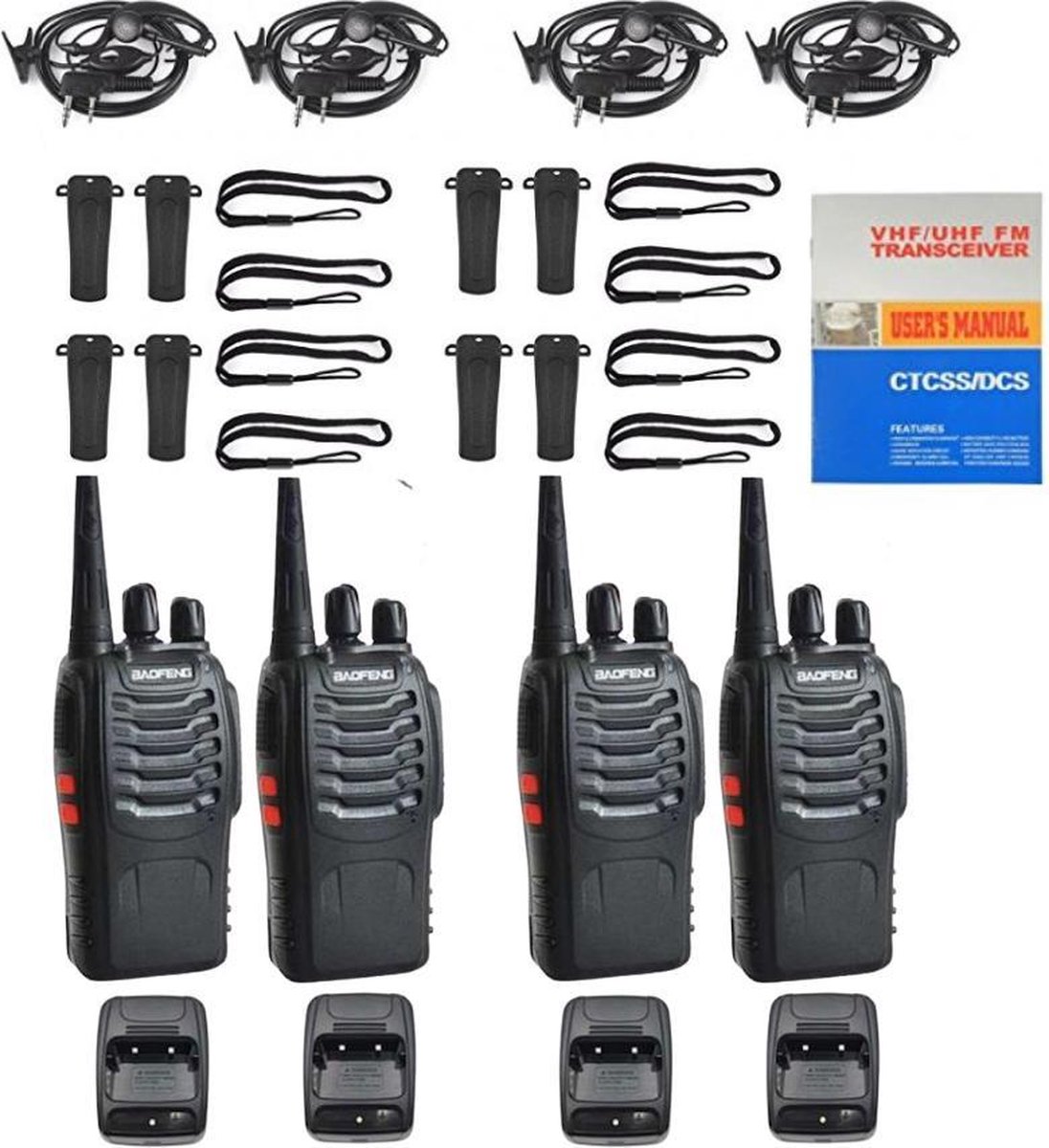 Vier Baofeng BF-888S WalkieTalkies - 5 km Bereik - 8u Stand-by - 4x Headset, Accu, Oplader, Antenne & Riemclip