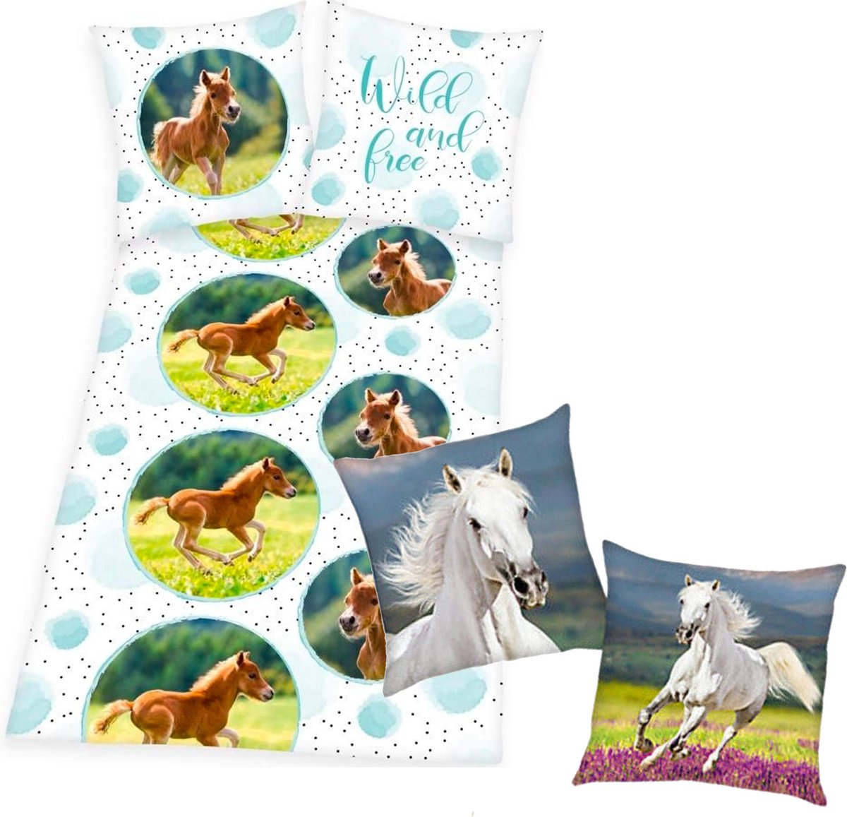 Dekbedovertrek Veulen, 135 x 200 cm, dekbed Paard, eenpersoons - incl. sierkussen wit paard paard 40x40 cm