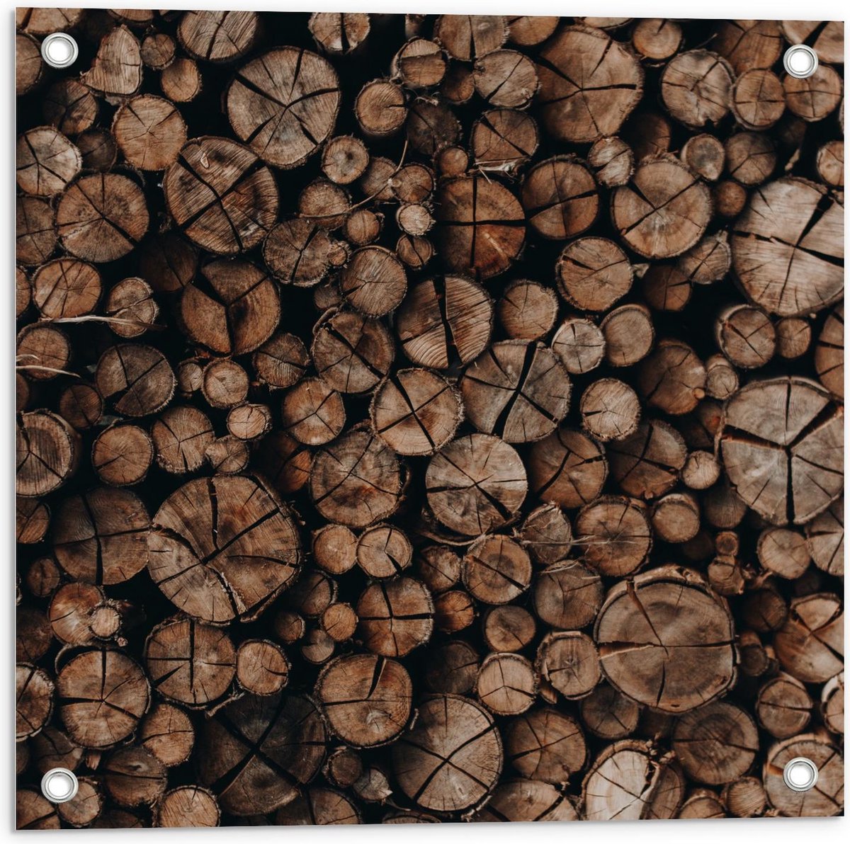 Tuinposter – Houten Palen Opgestapeld - 50x50cm Foto op Tuinposter (wanddecoratie voor bui
