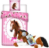 Paarden dekbedovertrek set 140 x 200 cm, incl. super zachte paarden knuffel - 60 cm -bruin/wit - kinderen slaapkamer eenpersoons dekbed roze met bruin Paardenhoofd