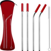 Metalen rietjes - 4 stuks - Rood - incl. mondstukken en bijpassend etui