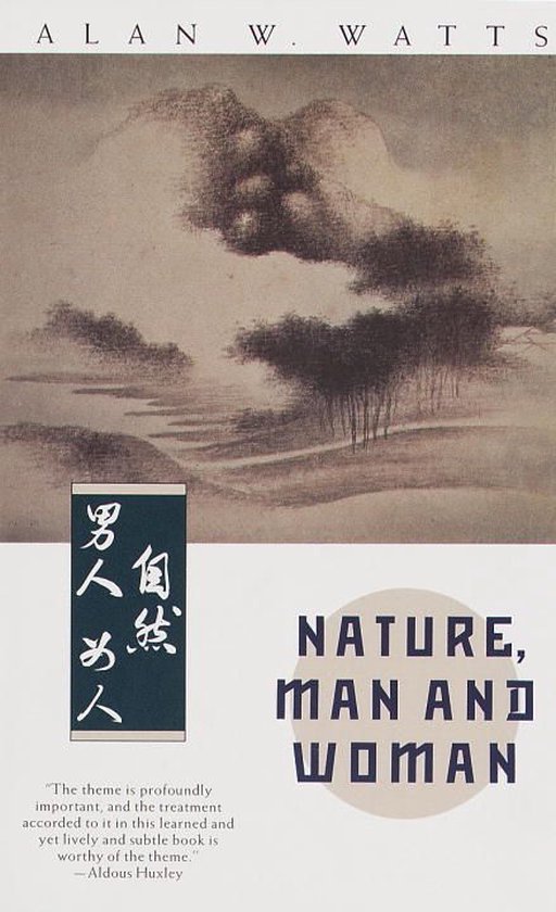 Boek "Nature, Man and Woman" van Alan W. Watts. Abstracte berglandschap met Aziatische kalligrafie.