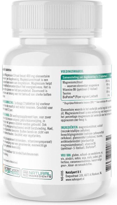Bedelen Waterig Bewust worden NatuSport Magnesium Citraat (400mg) 60 tabletten (NZVT getest) | bol.com