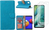 Samsung Galaxy A01 Core Hoesje met Pasjeshouder booktype case / wallet cover Turquoise - Galaxy A01 Core 2 pack Screenprotector / tempered glass