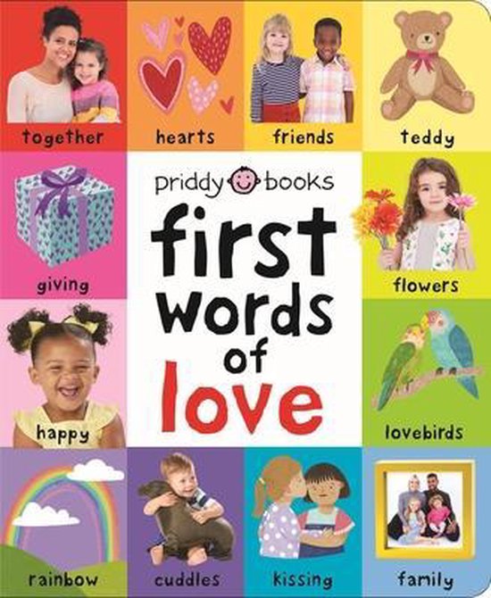 Boekomslag 'First Words of Love' met afbeeldingen van harten, teddybeer, bloemen, liefdesvogels, regenboog en gezinnen.