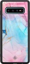 Samsung S10 Plus hoesje glass - Marmer blauw roze | Samsung Galaxy S10+ case | Hardcase backcover zwart