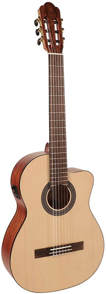 Salvador CS-244-CE 4/4 elektro-akoestische klassieke gitaar met sparren bovenblad, sapele zij- en achterkant, Savarez snaren met cutaway en pickup