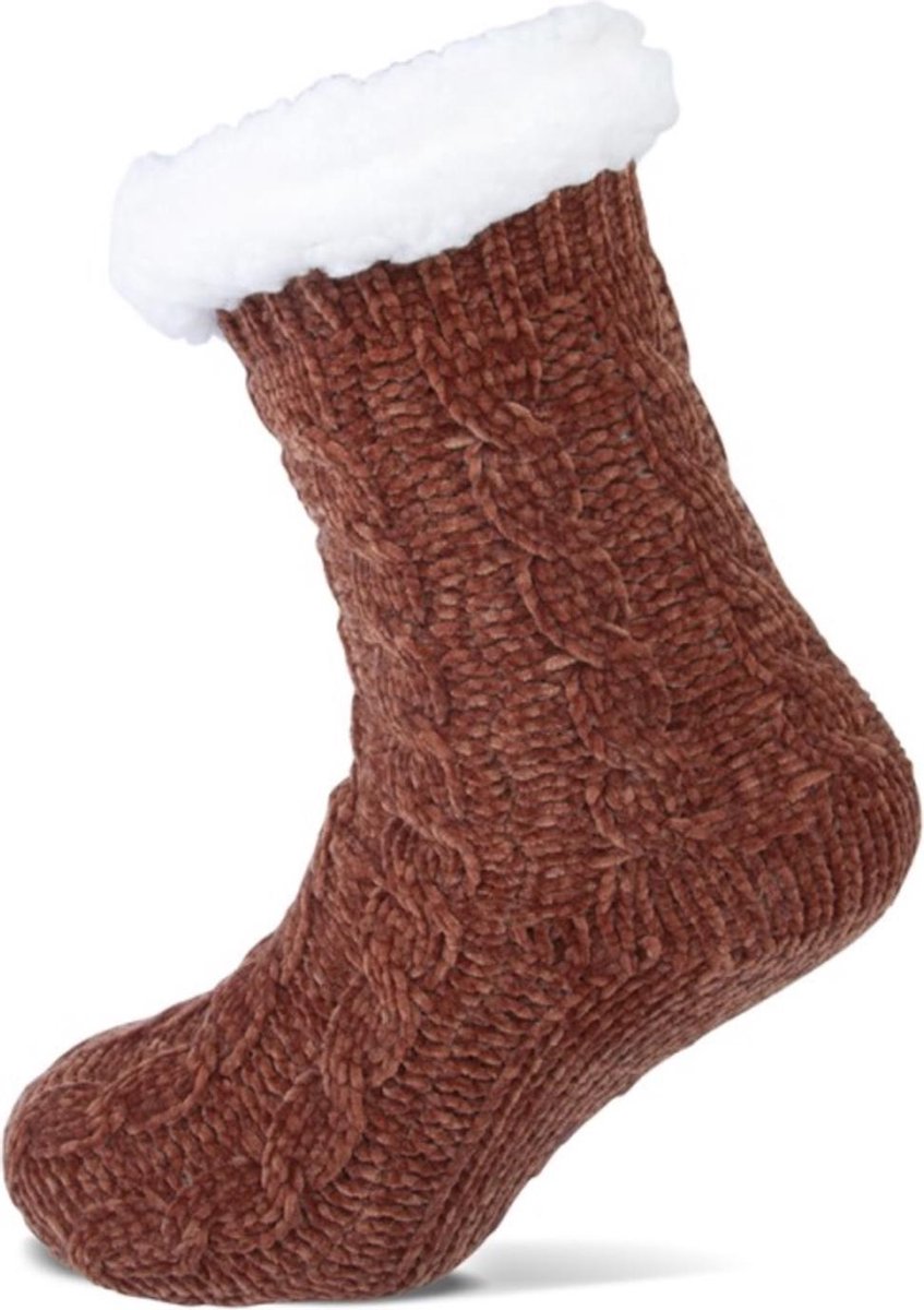 Huissokken Anti Slip Dames Bruin - Extra Warme Sokken - ABS Anti Slip Sokken - Huissokken - Dikke Sokken - Bedsokken - Thermische Sokken - Zachte Fluffy Sokken - Kabel Look - Comfort Sokken