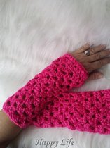 Handgemaakte vingerloze handschoenen - gehaakt in roze met glinsterdraad - Maat M