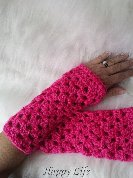 Handgemaakte vingerloze handschoenen - polswarmers gehaakt in roze met glinsterdraad - Maat M