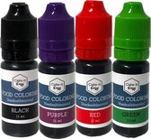 Eetbare kleurstoffen Kerst | 4 kleuren (zwart / rood / groen / paars) | Voedingskleurstof voor bakken Kerstmis / Kerst traktatie | Topkwaliteit in handig doseer-flesje