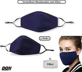 DONLINE - Verstelbare Wasbaar Mondmasker (Blauw) 5 Stuks - Wasbaar Mondkapje inclusief 5 Laagse Filter -  5 x Niet medische mondmaskers