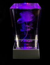 Kristal glas laserblok met 3D afbeelding van roos &  I love you + verlichting .