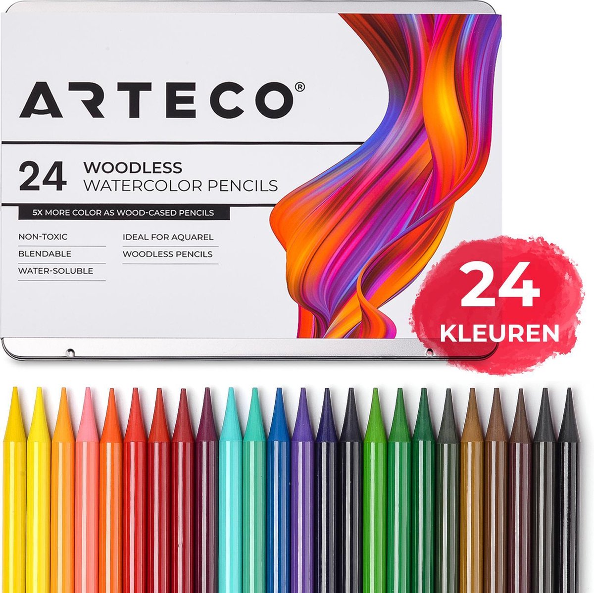 ARTECO® 24 Houtloze Aquarel Kleurpotloden - Aquarelpotloden - Aquarelverf set - Handlettering - Bullet Journal - Waterverfpotloden - Woodless