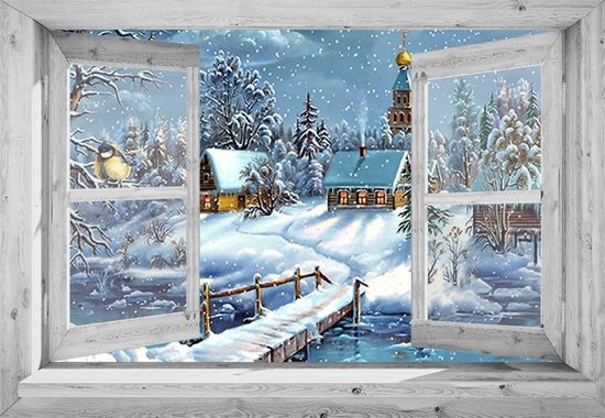 Toile de Noël sur cadre bois - 70X50 cm - fenêtre blanche signée village -  pour