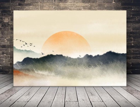 Zonsondergang achter bergen Canvas