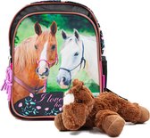 Paarden Peuter Rugzak - 29 cm - Bruin en wit Paard - Rugtas Kinderen paard - rugtas Meisjes - incl. pluche Paarden knuffel 22 cm - donkerbruin.