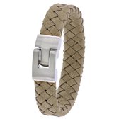 Lucardi Heren Stalen herenarmband gevlochten leer beige - Armband - Leer - Zilverkleurig - 21 cm