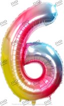 Folie ballon XL 100cm met opblaasrietje - cijfer 6 regenboog - 6 jaar folieballon - 1 meter groot met rietje - Mixen met andere cijfers en/of kleuren binnen het Jumada merk mogelij