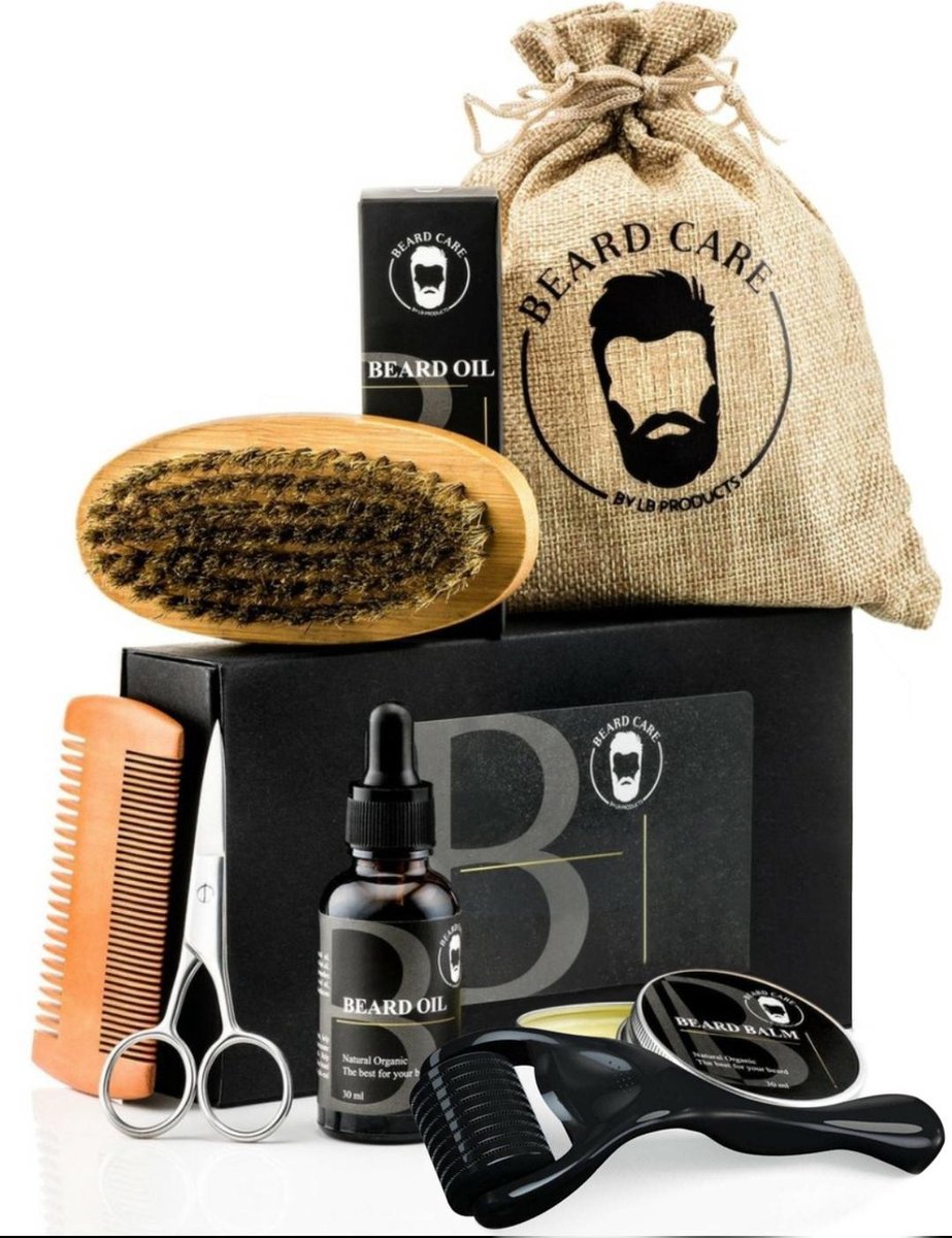Baardverzorging set + Baard / Derma roller Baardolie BaardBalsem Baardkam Baardborstel I Gif