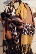 Dames lange warme sjaal panterprint met okergeel