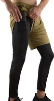 MVLOUS Sportbroek voor Heren - Lang - fitness broek met mobiel zak - 2 in 1 sportbroekje - Khaki - L