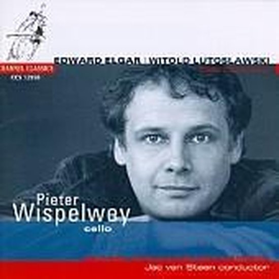 Portret van cellist Pieter Wispelwey, met tekst 'Pieter Wispelwey cello' en 'Edward Elgar Witold Lutoslawski'.