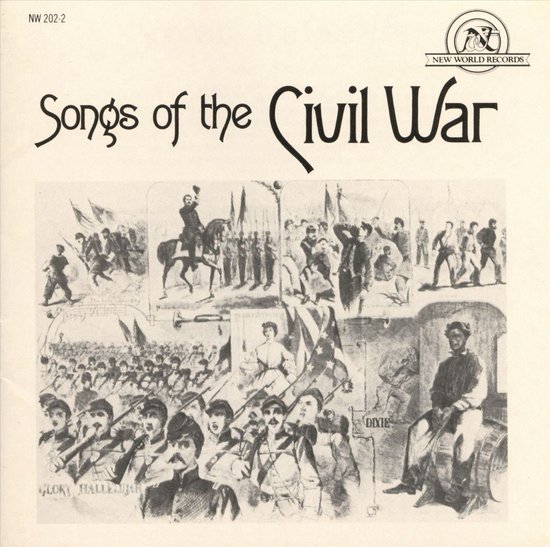 Albumhoes met de titel 'Songs of the Civil War' in sierlijk handschrift. Bevat meerdere zwart-wit gravures van scènes uit de Amerikaanse Burgeroorlog, waaronder soldaten te paard en te voet, en zangers.