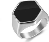 Zeshoekige Zegelring met Zwarte Steen - Zilver Kleurig Hexagonaal - 18-22mm - Ringen Mannen - Ring Heren - Ringen Vrouwen - Vaderdag Cadeau - Vaderdag Kados - Vader Cadeautjes