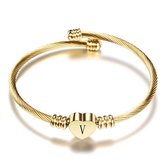 24/7 Jewelry Collection Hart Armband met Letter - Bangle - Initiaal - Goudkleurig - Letter V