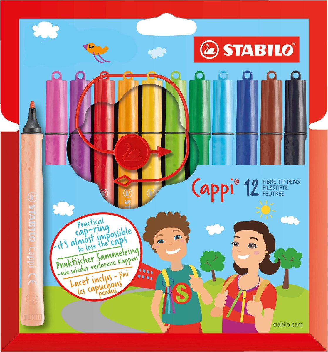 STABILO Cappi - Viltstift - Nooit Meer Je Dop Kwijt Dankzij De Dopring - Etui Met 12 Kleuren + 1 Dopring