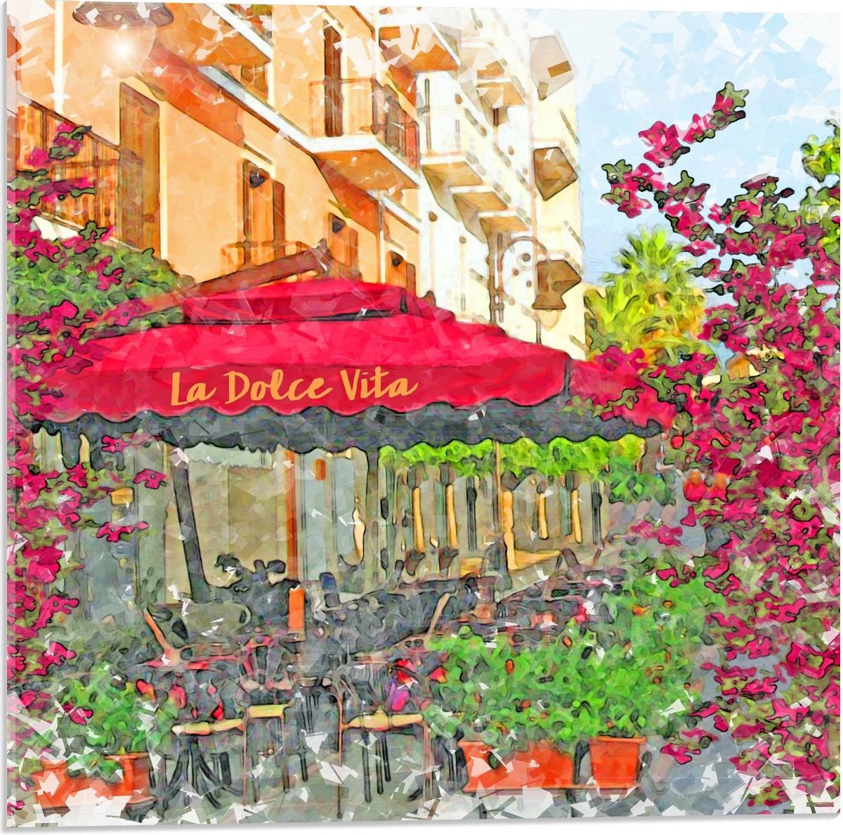 Acrylglas - Geschilderd Terras met Roze Parasol - 50x50cm Foto op Acrylglas (Met Ophangsys