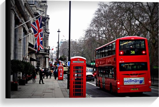 Canvas  - Rode Bus en Telefooncel in Londen - 60x40cm Foto op Canvas Schilderij (Wanddecoratie op Canvas)