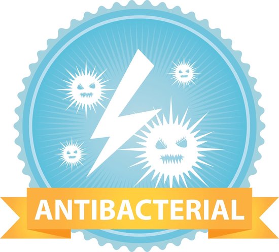 Blauw medaillon met zilveren bliksem en bacteriën. Oranje lint met 'ANTIBACTERIAL'.