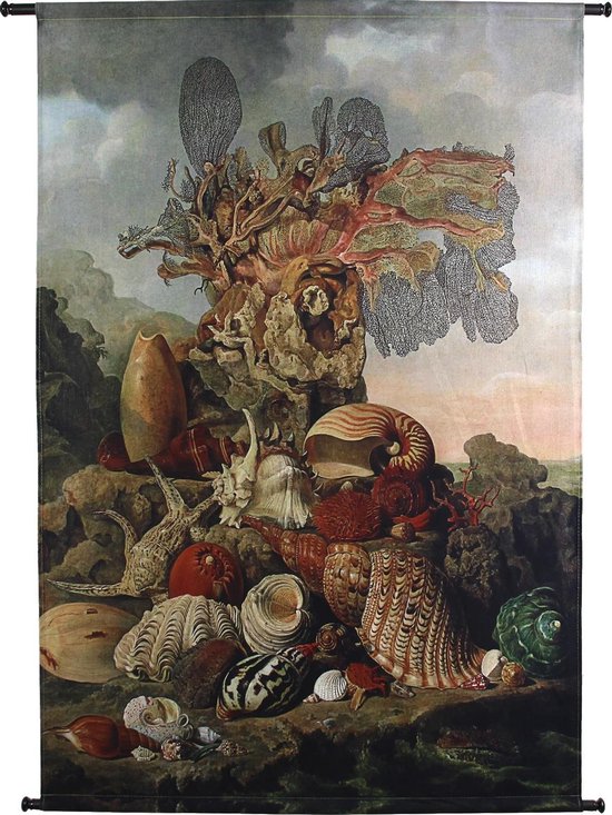 Une peinture montrant une grande collection de coquillages, de coraux et de vie marine sur un fond rocheux.